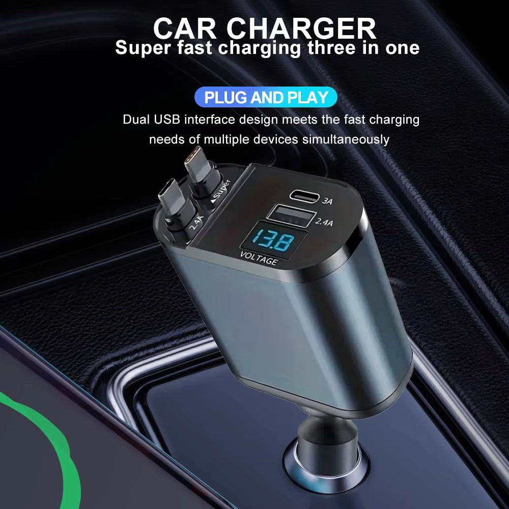 Voltrush™ 4-In-1 Retractable Car Charger – Fast Power, Zero Clutter