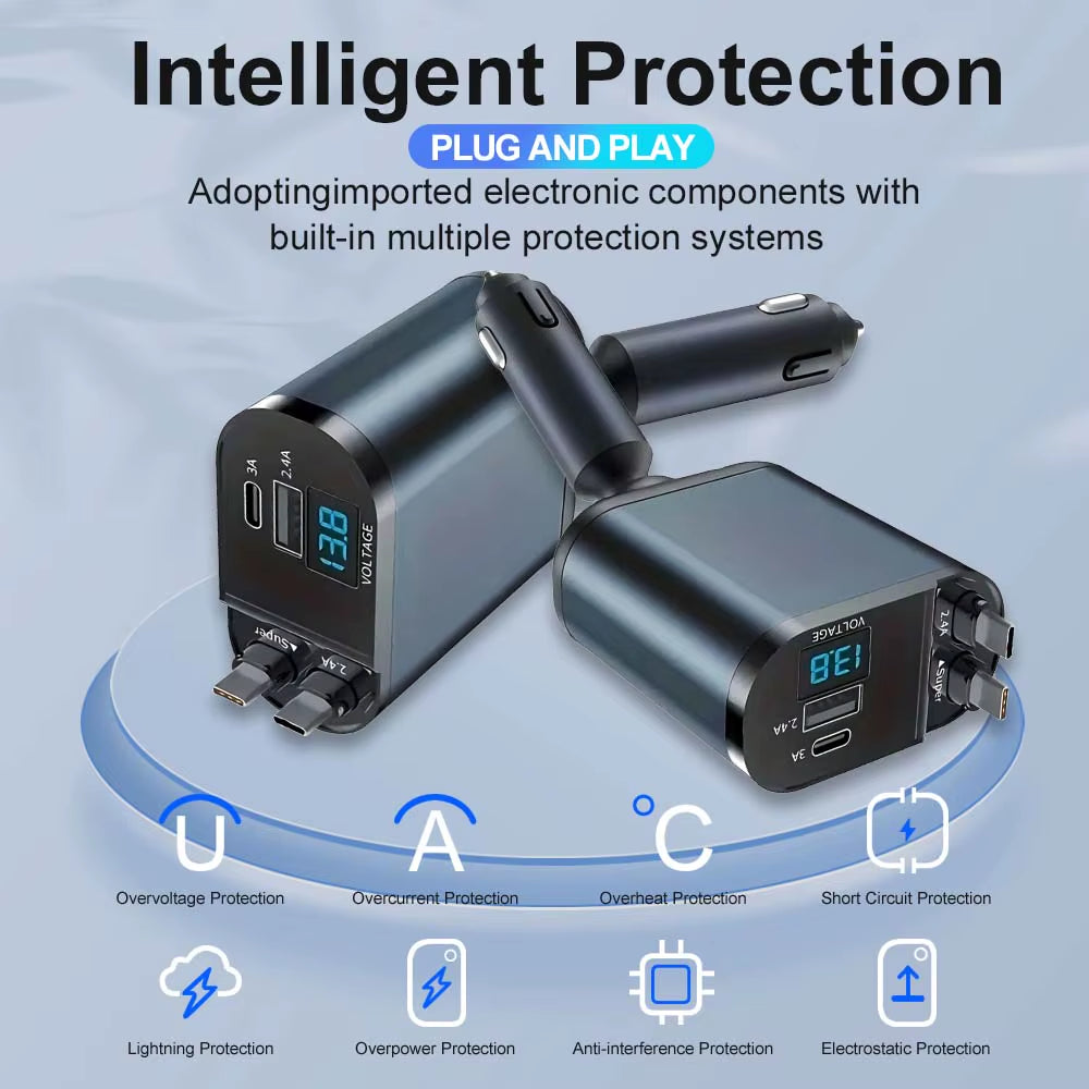 Voltrush™ 4-In-1 Retractable Car Charger – Fast Power, Zero Clutter